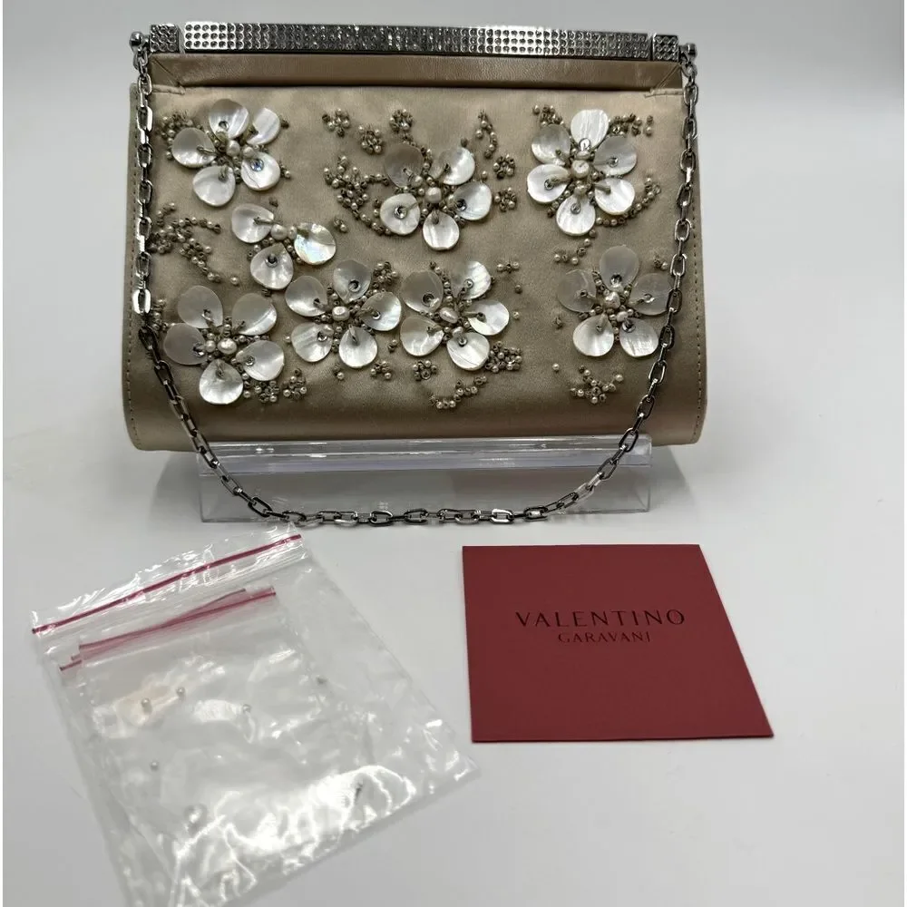 Auth Valentino Silk Floral Embroidered Crystal Framed Clutch Chain Evening Bag